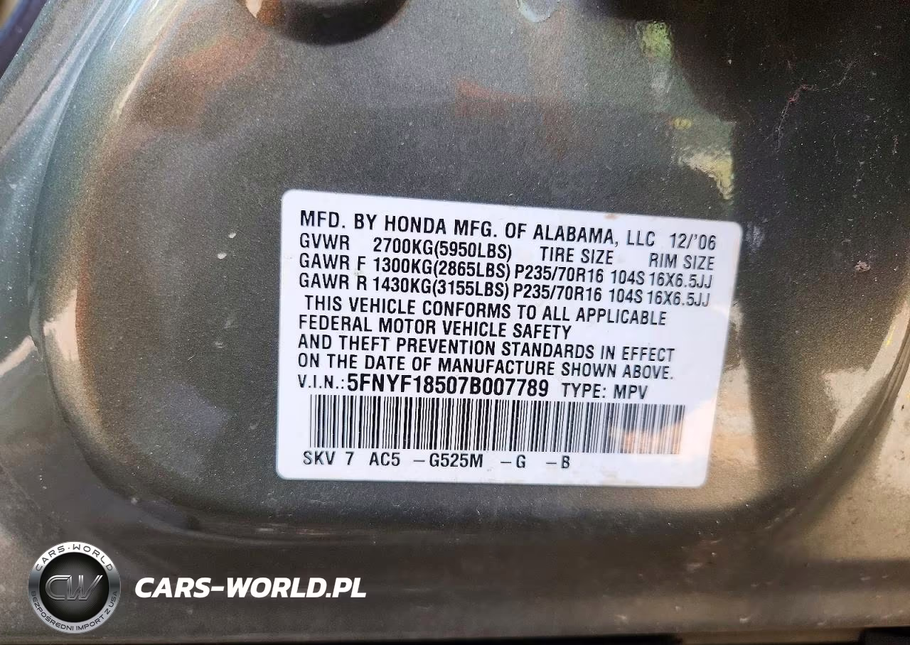 2007 Honda Pilot Exl VIN:5FNYF18507B007789 - 13
