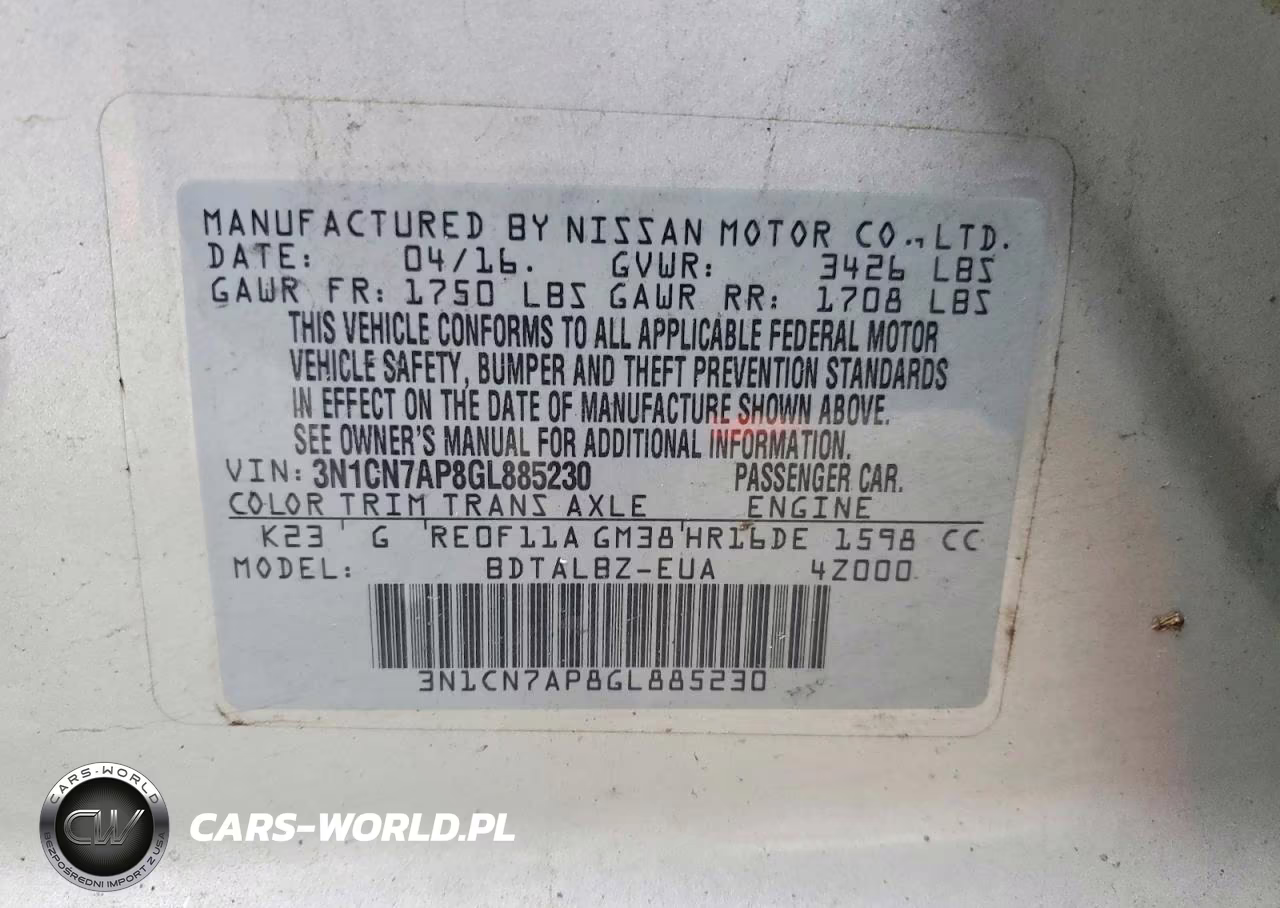 2016 Nissan Versa 1.6 Sv VIN:3N1CN7AP8GL885230 - 12
