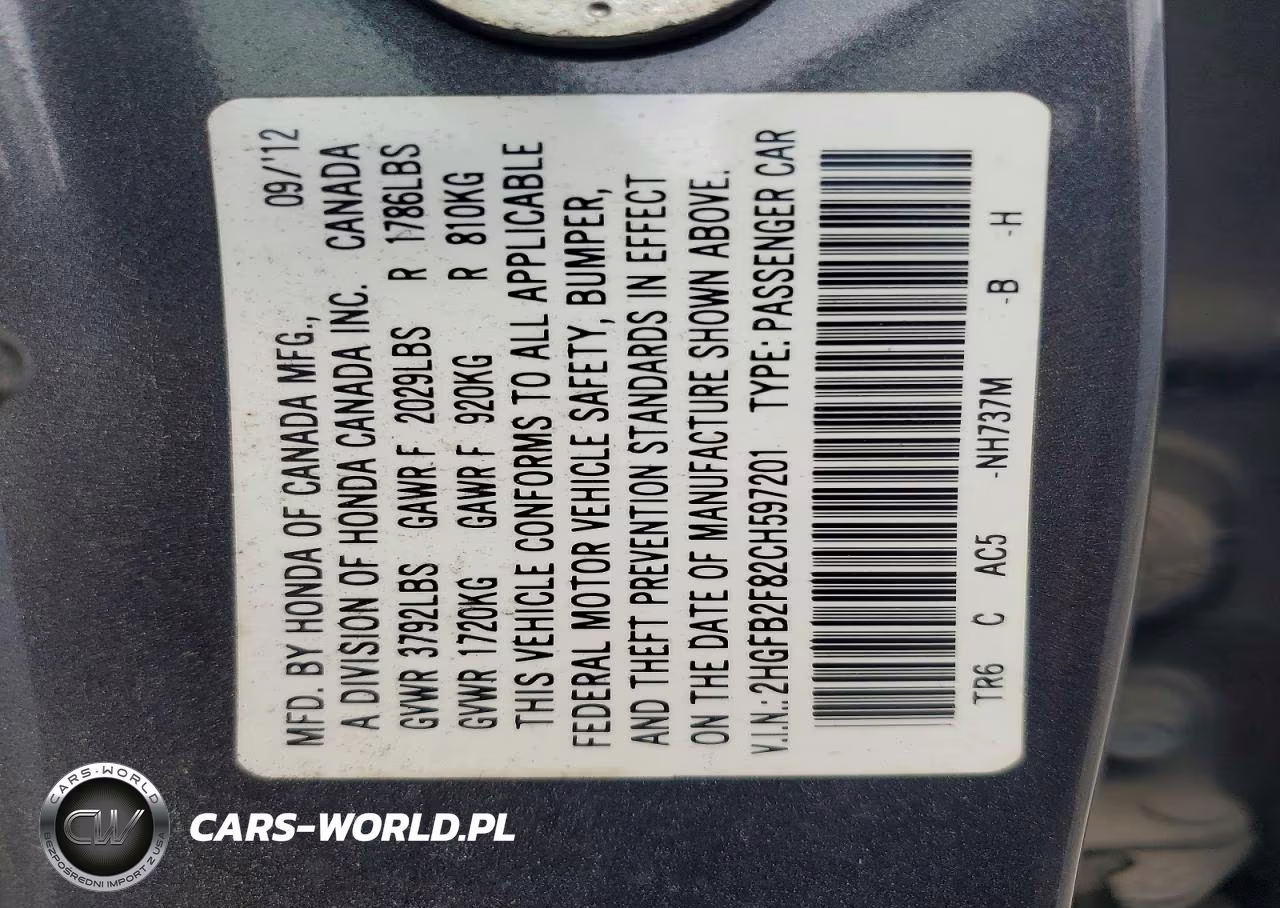 2012 Honda Civic Ex VIN:2HGFB2F82CH597201 - 12
