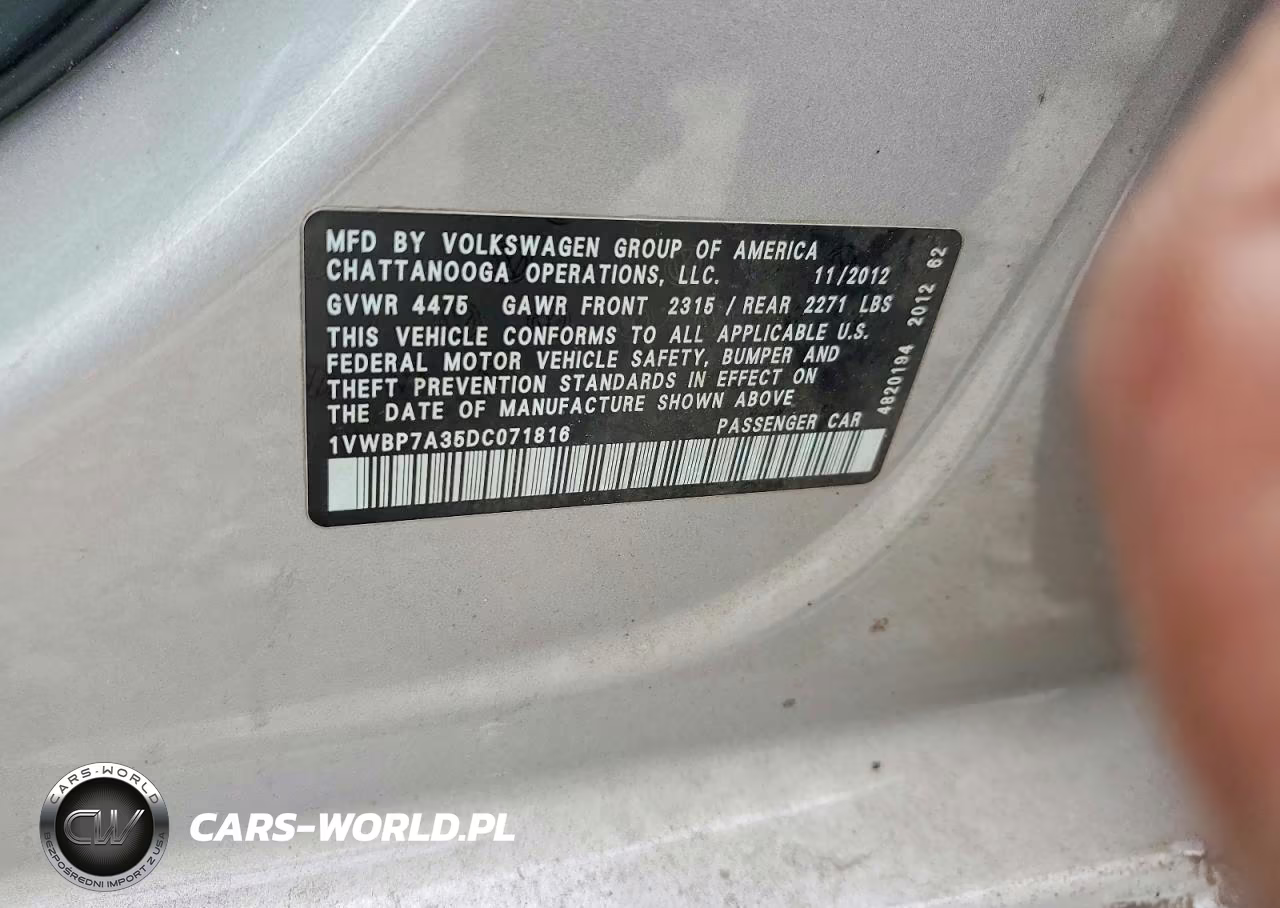 2013 Volkswagen Passat Se VIN:1VWBP7A35DC071816 - 12