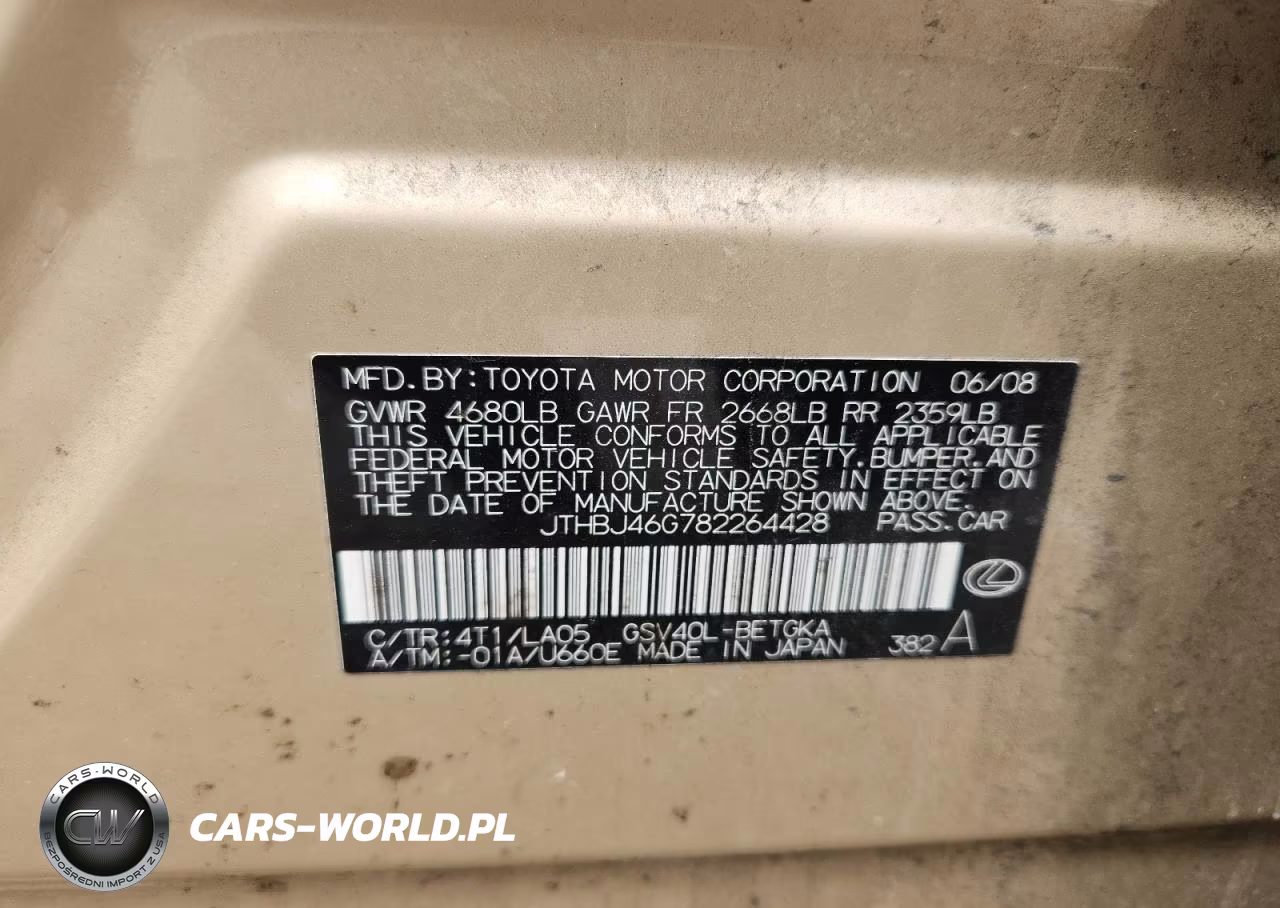 2008 Lexus Es 350 VIN:JTHBJ46G782264428 - 12