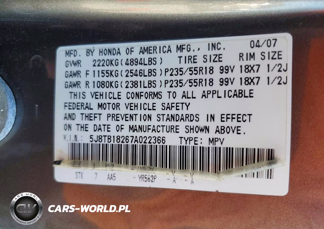 2007 Acura Rdx VIN:5J8TB18267A022366 - 12