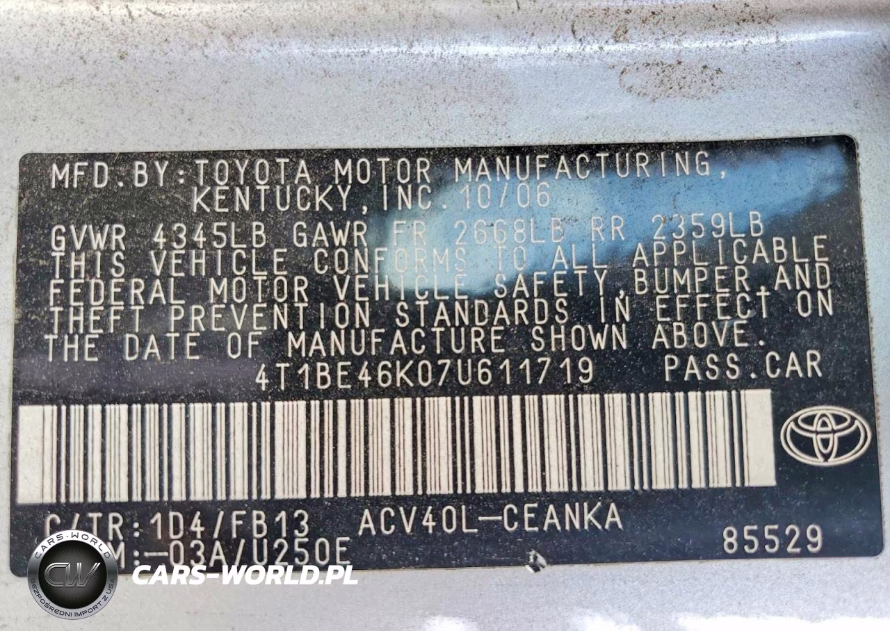 2007 Toyota Camry Le VIN:4T1BE46K07U611719 - 12