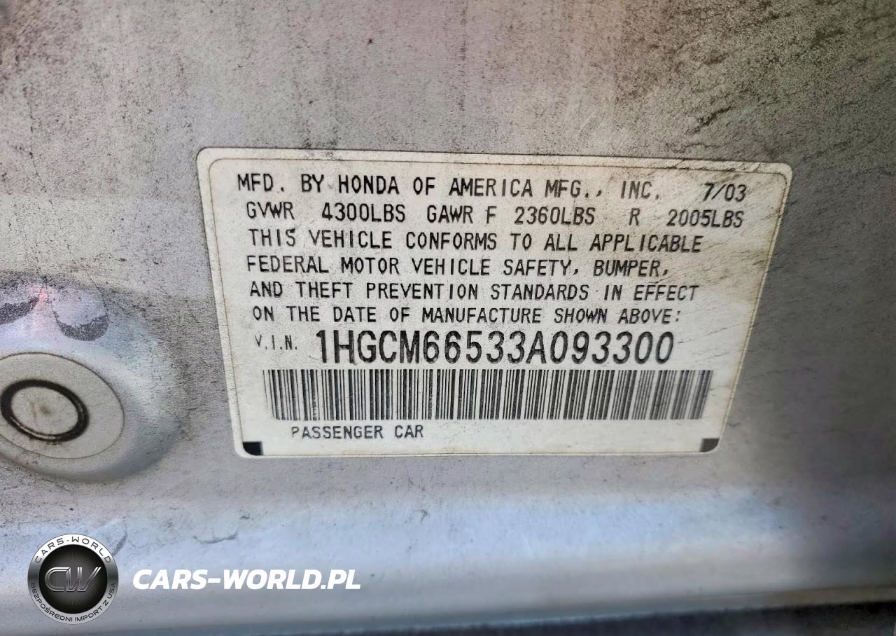 2003 Honda Accord Ex VIN:1HGCM66533A093300 - 12