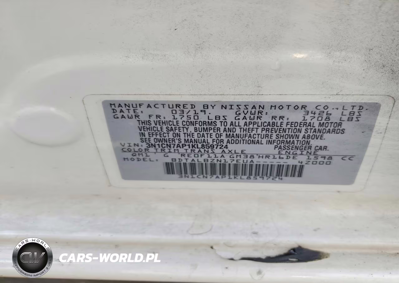 2019 Nissan Versa Sv VIN:3N1CN7AP1KL859724 - 12