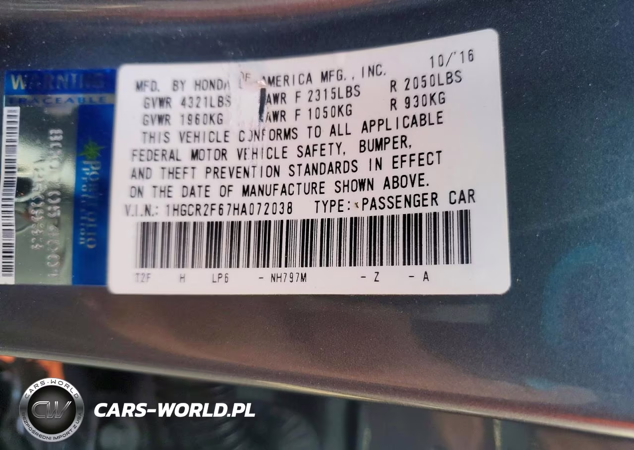 2017 Honda Accord Sport VIN:1HGCR2F67HA072038 - 12