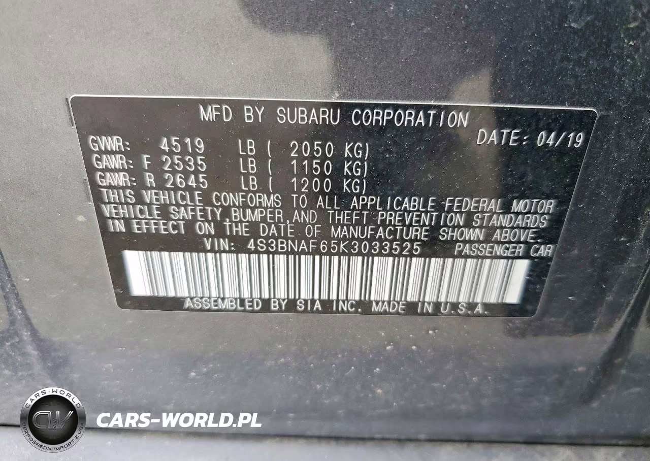 2019 Subaru Legacy 2.5I Premium VIN:4S3BNAF65K3033525 - 13