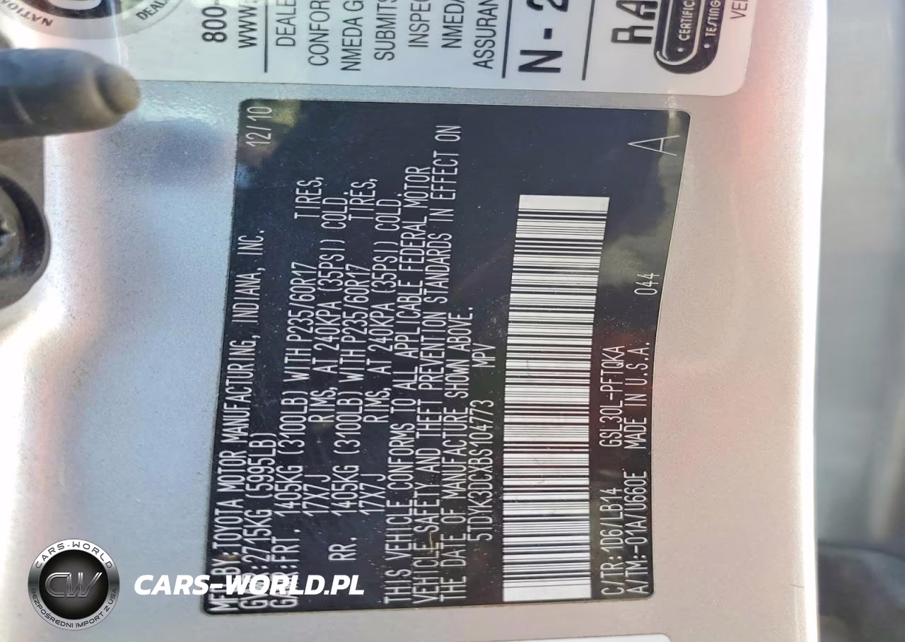 TOYOTA SIENNA XLE VIN:5TDYK3DCXBS104773 - 14