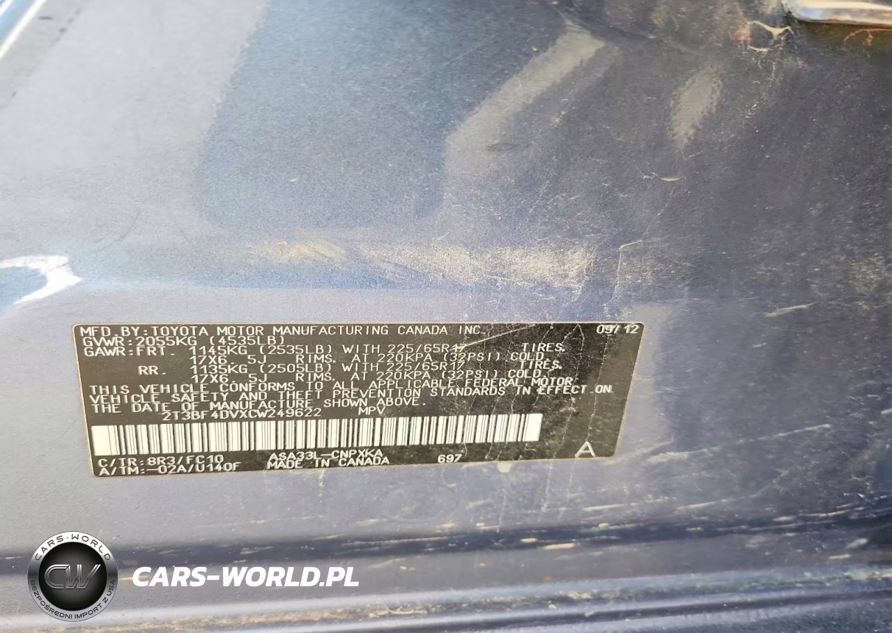 2012 Toyota Rav4 Base VIN:2T3BF4DVXCW249622 - 12
