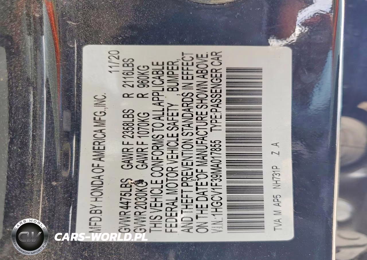 2021 Honda Accord Sport VIN:1HGCV1F39MA017855 - 14
