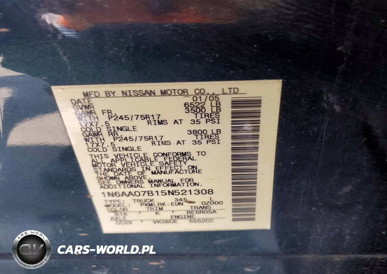 2005 Nissan Titan Xe VIN:1N6AA07B15N521308 - 12