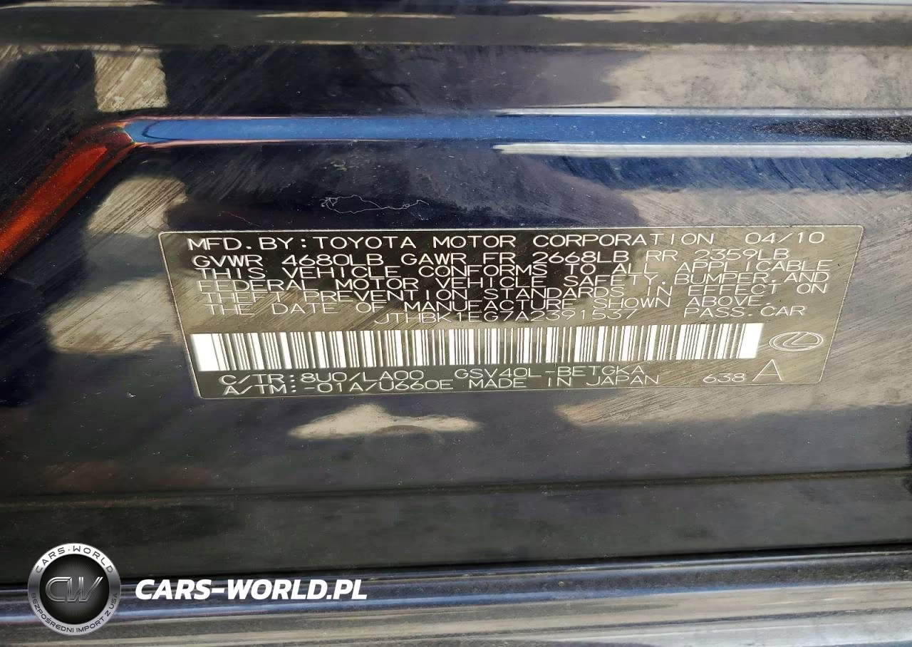 2010 Lexus Es 350 VIN:JTHBK1EG7A2391537 - 12