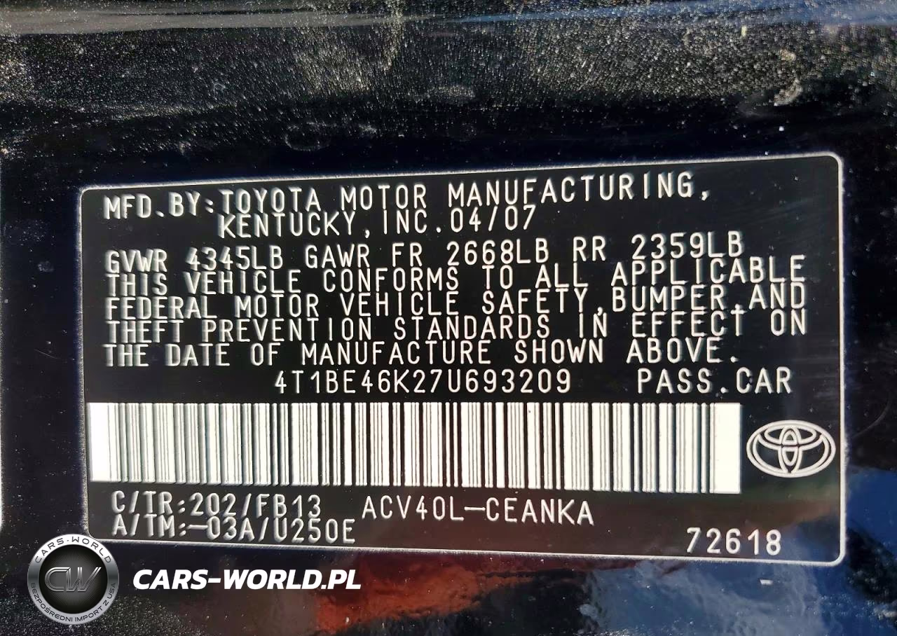 2007 Toyota Camry Le VIN:4T1BE46K27U693209 - 12