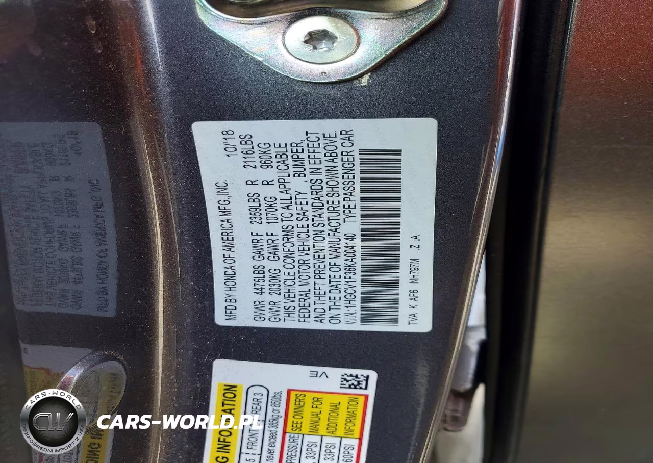 2019 Honda Accord Sport VIN:1HGCV1F36KA004140 - 12