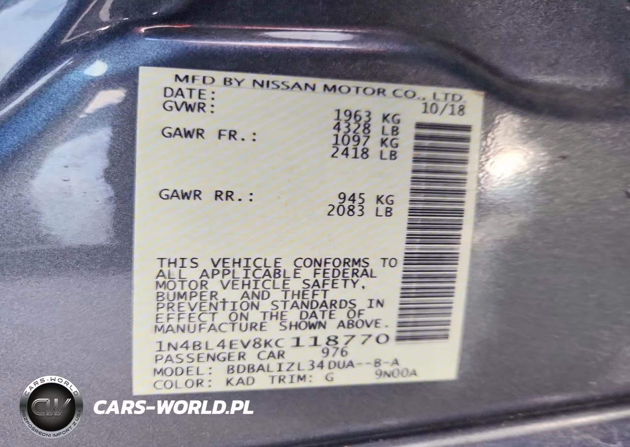 2019 Nissan Altima Sl VIN:1N4BL4EV8KC118770 - 12