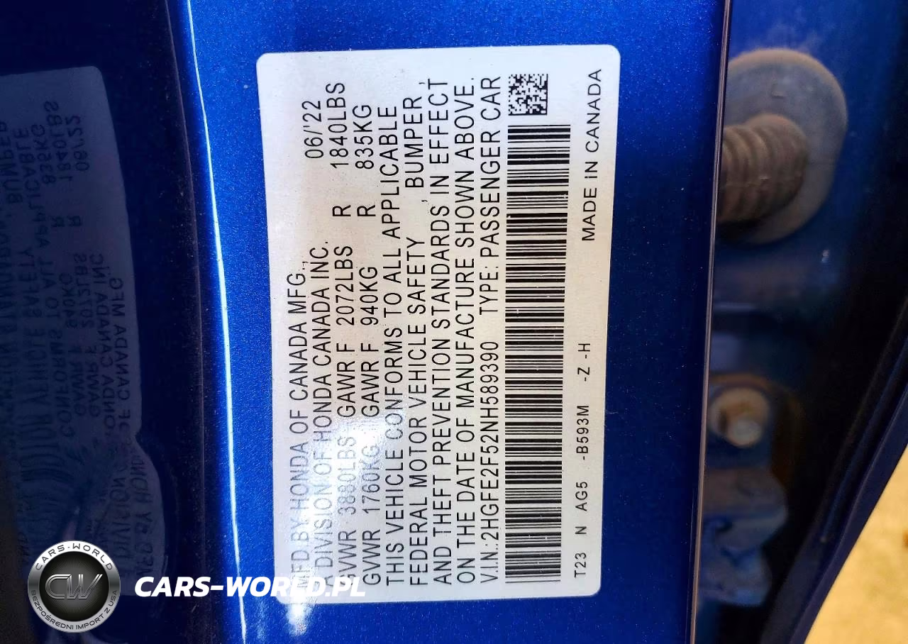 2022 Honda Civic Sport VIN:2HGFE2F52NH589390 - 12