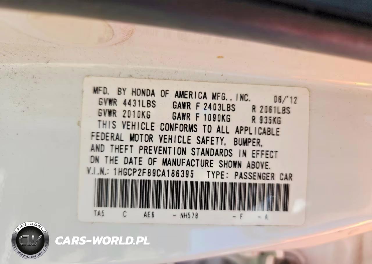 2012 Honda Accord Exl VIN:1HGCP2F89CA186395 - 12