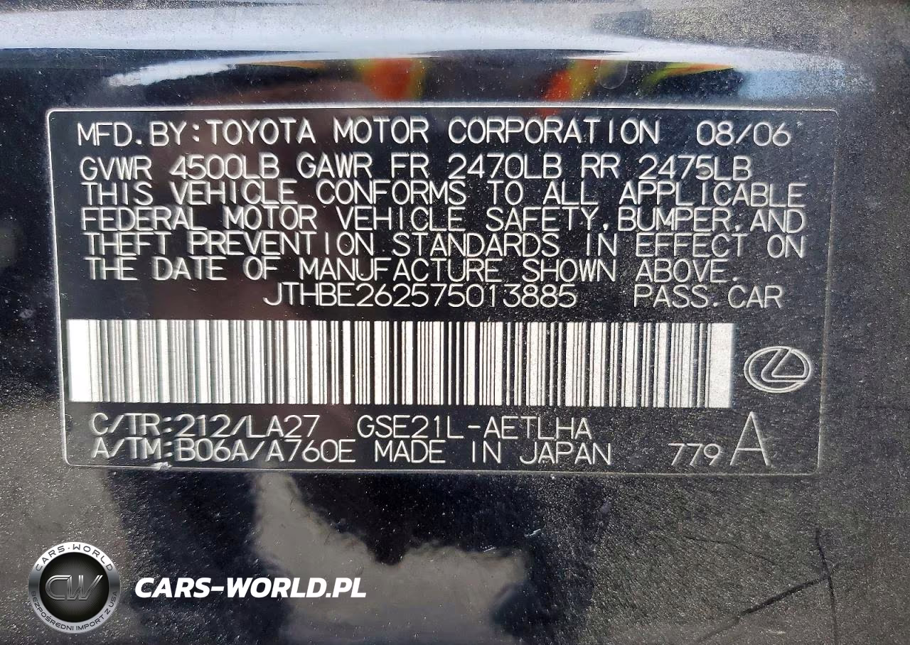 2007 Lexus Is 350 VIN:JTHBE262575013885 - 12