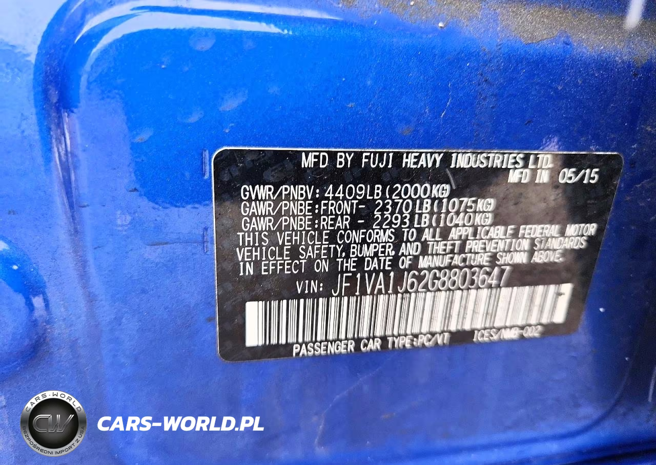 2016 Subaru Wrx Limited VIN:JF1VA1J62G8803647 - 13