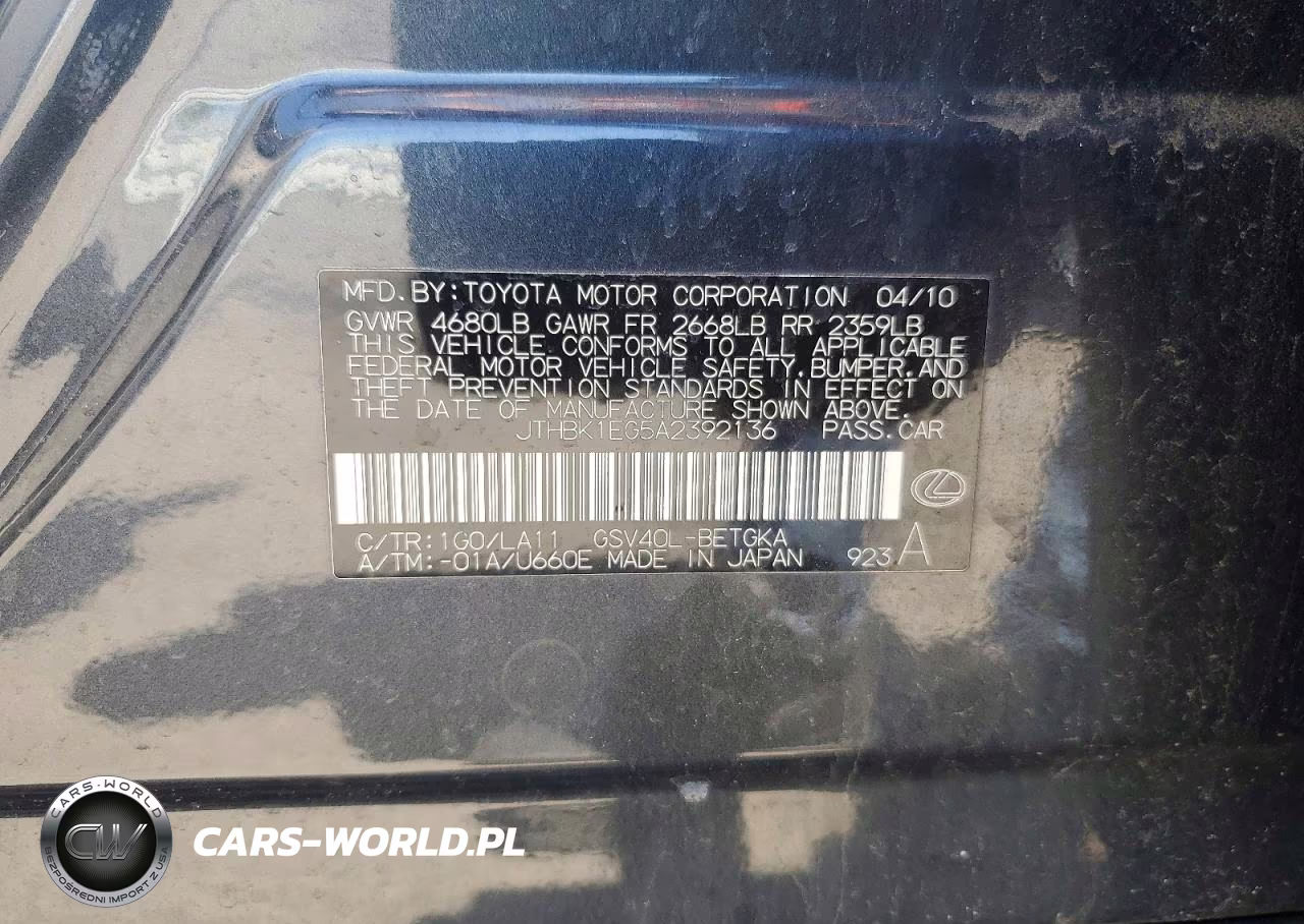 2010 Lexus Es 350 VIN:JTHBK1EG5A2392136 - 12