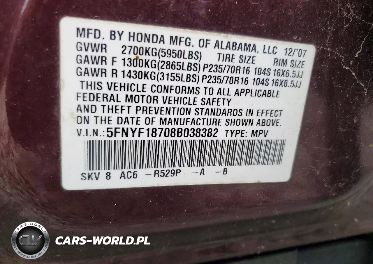 2008 Honda Pilot Exl VIN:5FNYF18708B038382 - 13