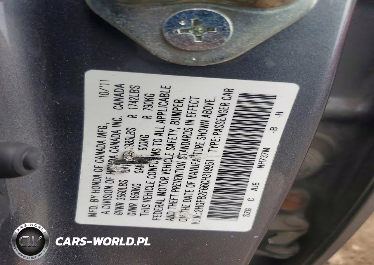2012 Honda Civic Hf VIN:2HGFB2F66CH319951 - 12