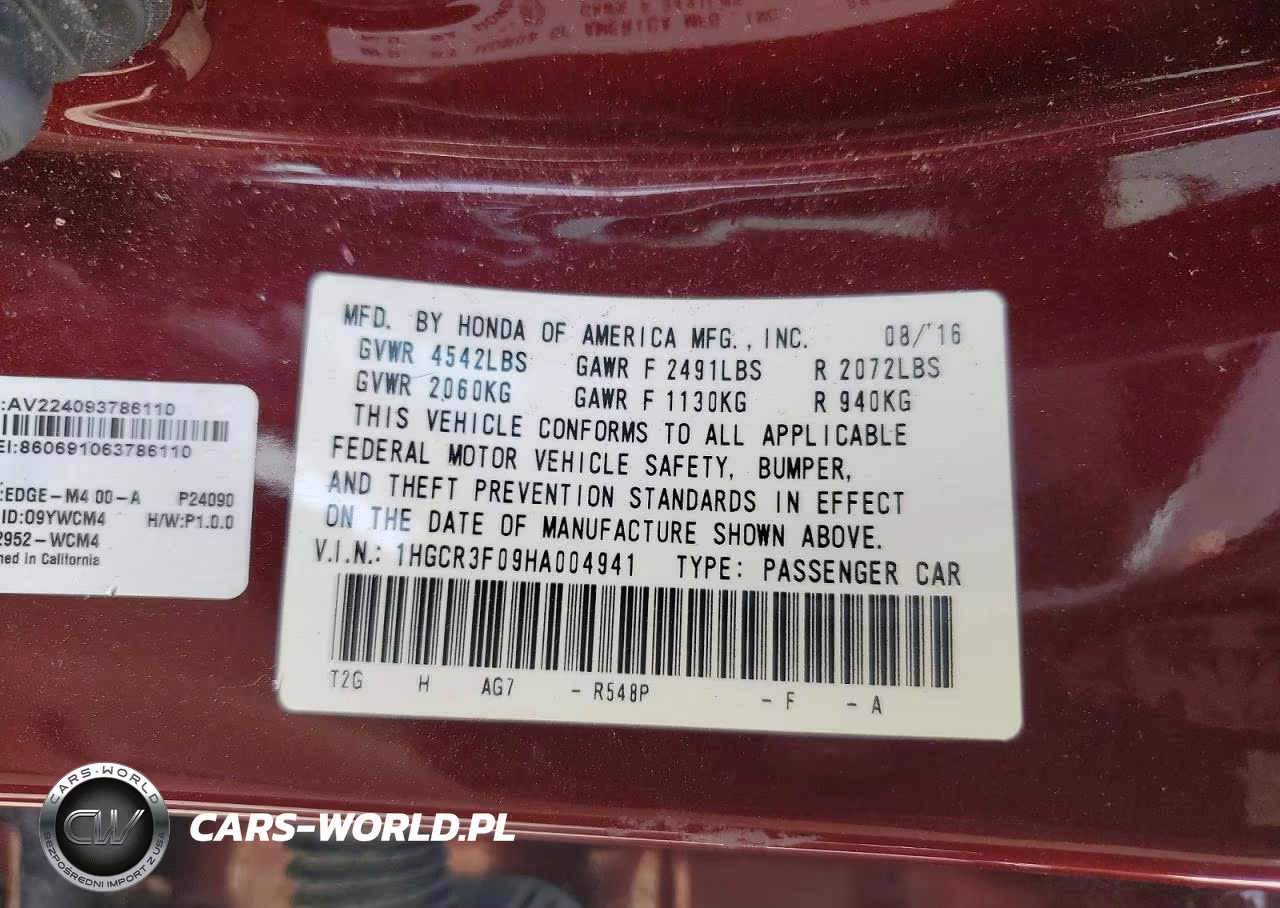 2017 Honda Accord Exl VIN:1HGCR3F09HA004941 - 13