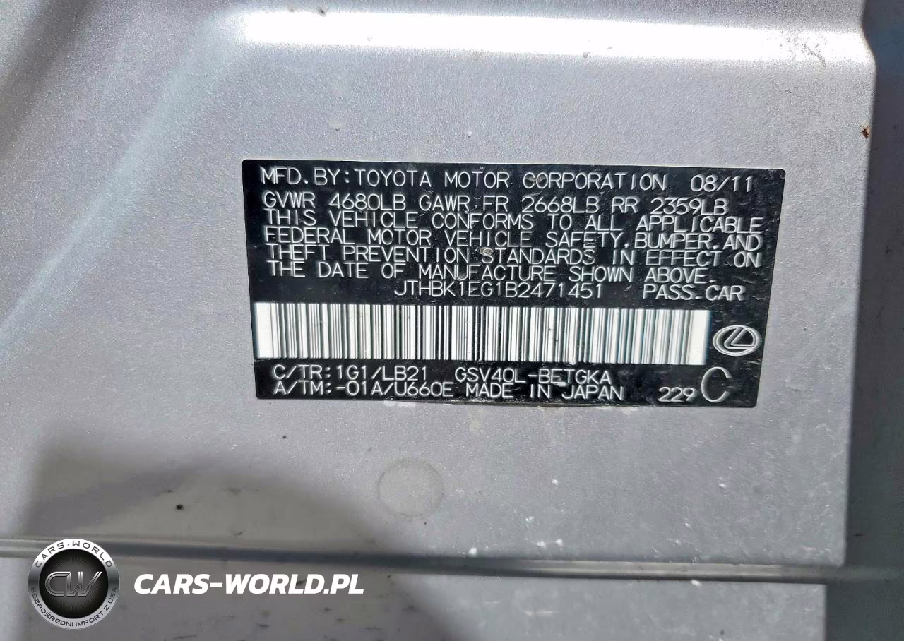 2011 Lexus Es 350 VIN:JTHBK1EG1B2471451 - 12