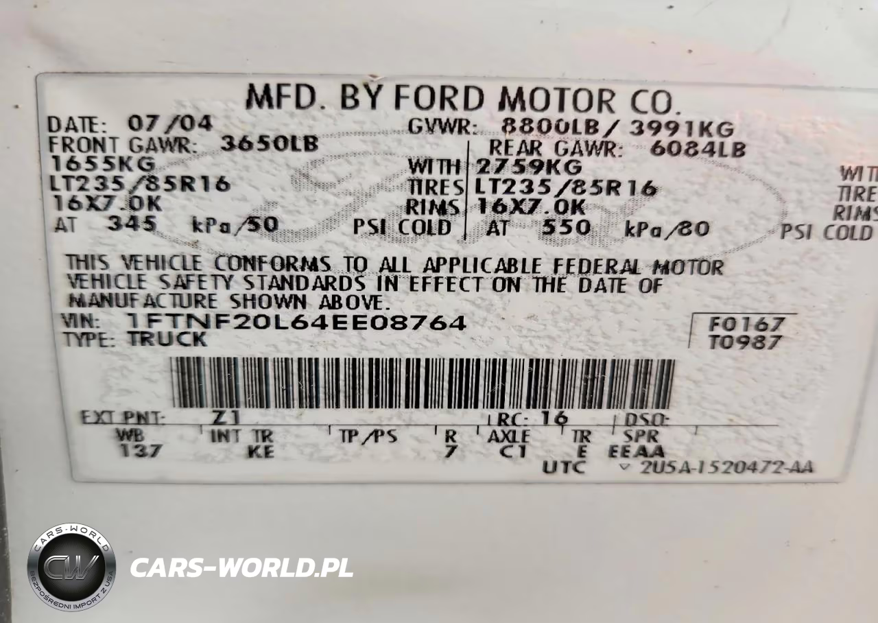 2004 Ford F250 Super Duty VIN:1FTNF20L64EE08764 - 12
