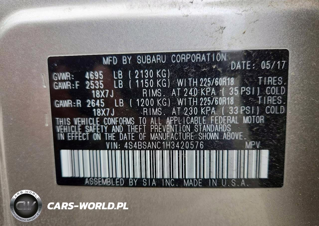 2017 Subaru Outback 2.5I Limited VIN:4S4BSANC1H3420576 - 12