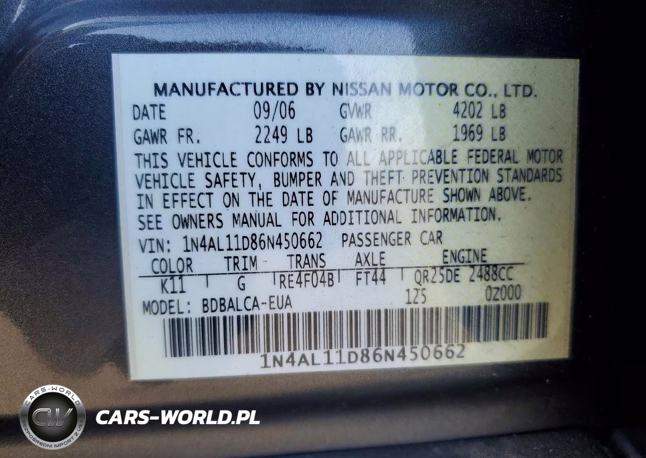 2006 Nissan Altima 2.5 VIN:1N4AL11D86N450662 - 13