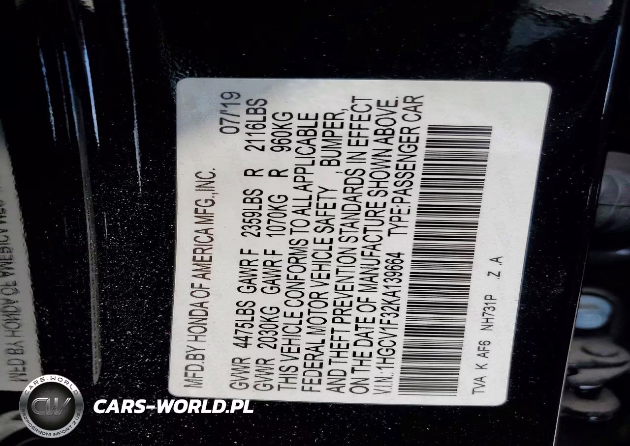 2019 Honda Accord Sport VIN:1HGCV1F32KA139664 - 12