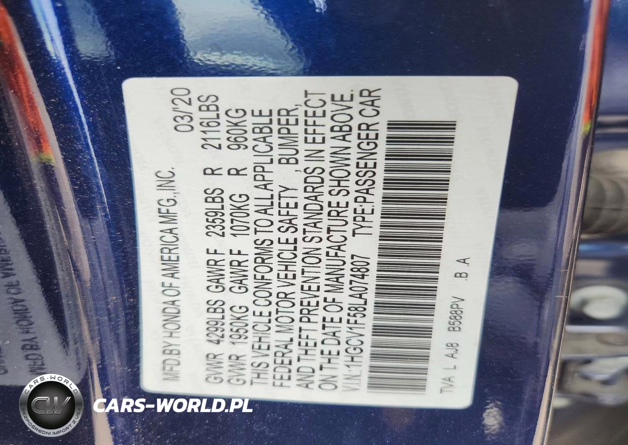 2020 Honda Accord Exl VIN:1HGCV1F58LA074807 - 13