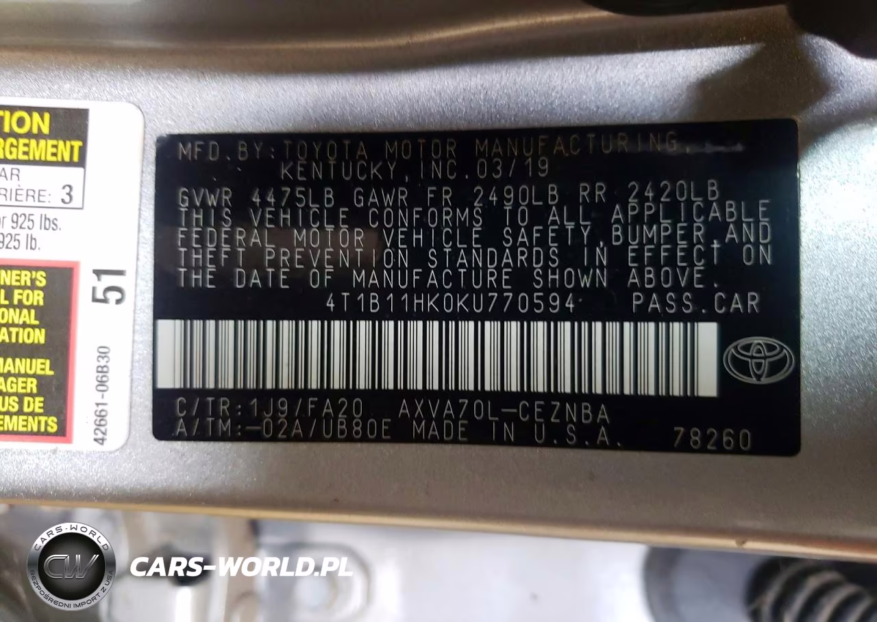2019 Toyota Camry Le VIN:4T1B11HK0KU770594 - 12