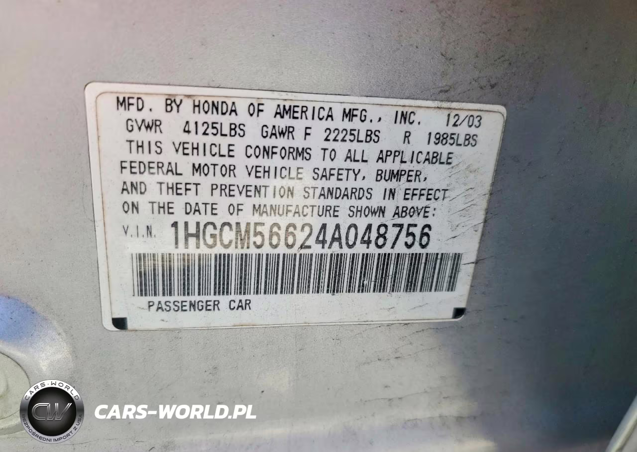 2004 Honda Accord VIN:1HGCM56624A048756 - 12