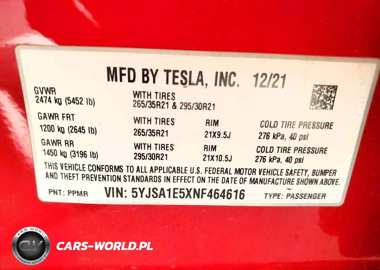 2022 Tesla Model S VIN:5YJSA1E5XNF464616 - 12