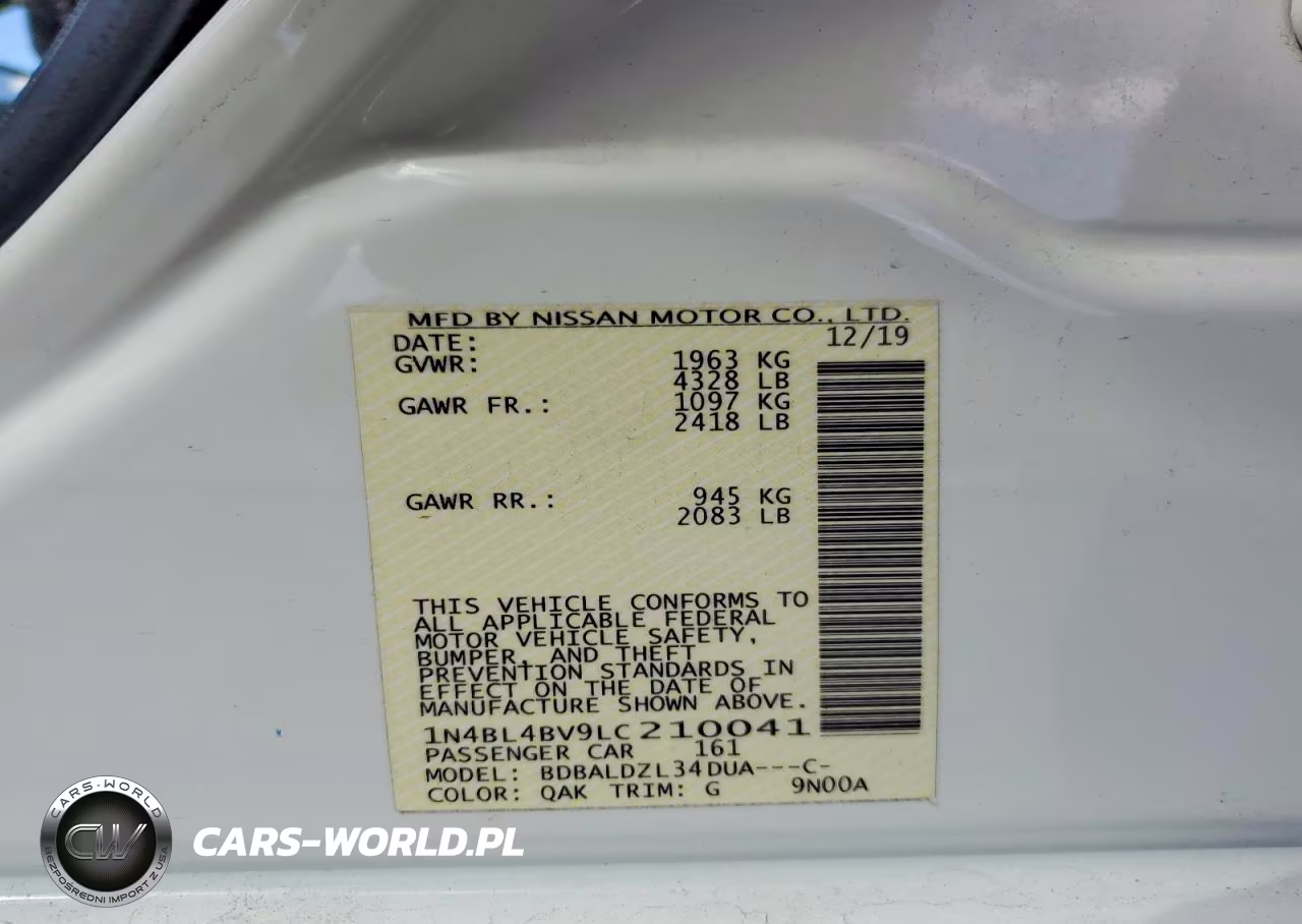 2020 Nissan Altima S VIN:1N4BL4BV9LC210041 - 12