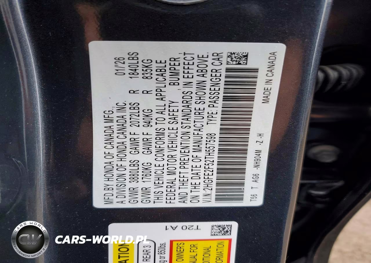 2026 Honda Civic Sport VIN:2HGFE2F52TH557598 - 12
