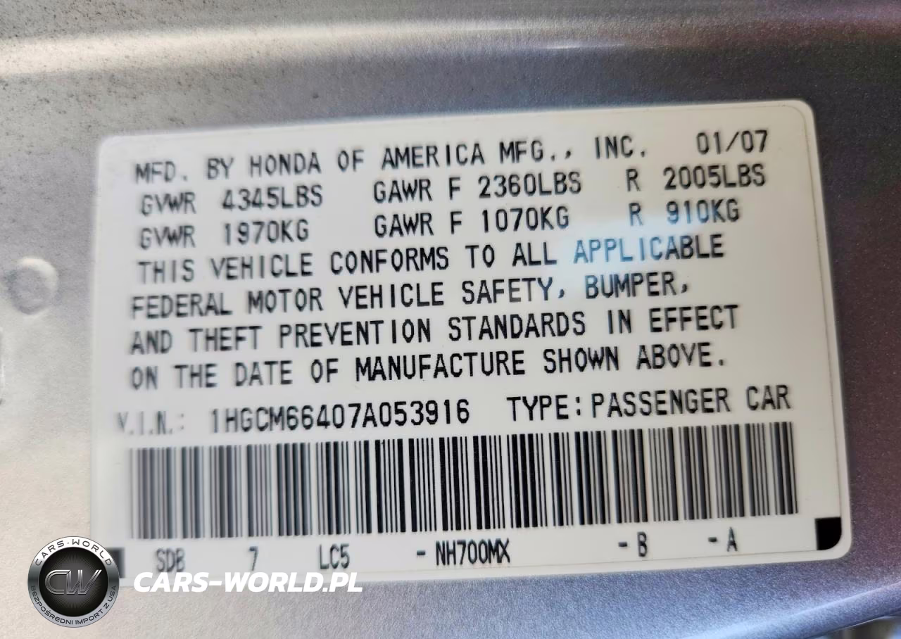 2007 Honda Accord VIN:1HGCM66407A053916 - 12