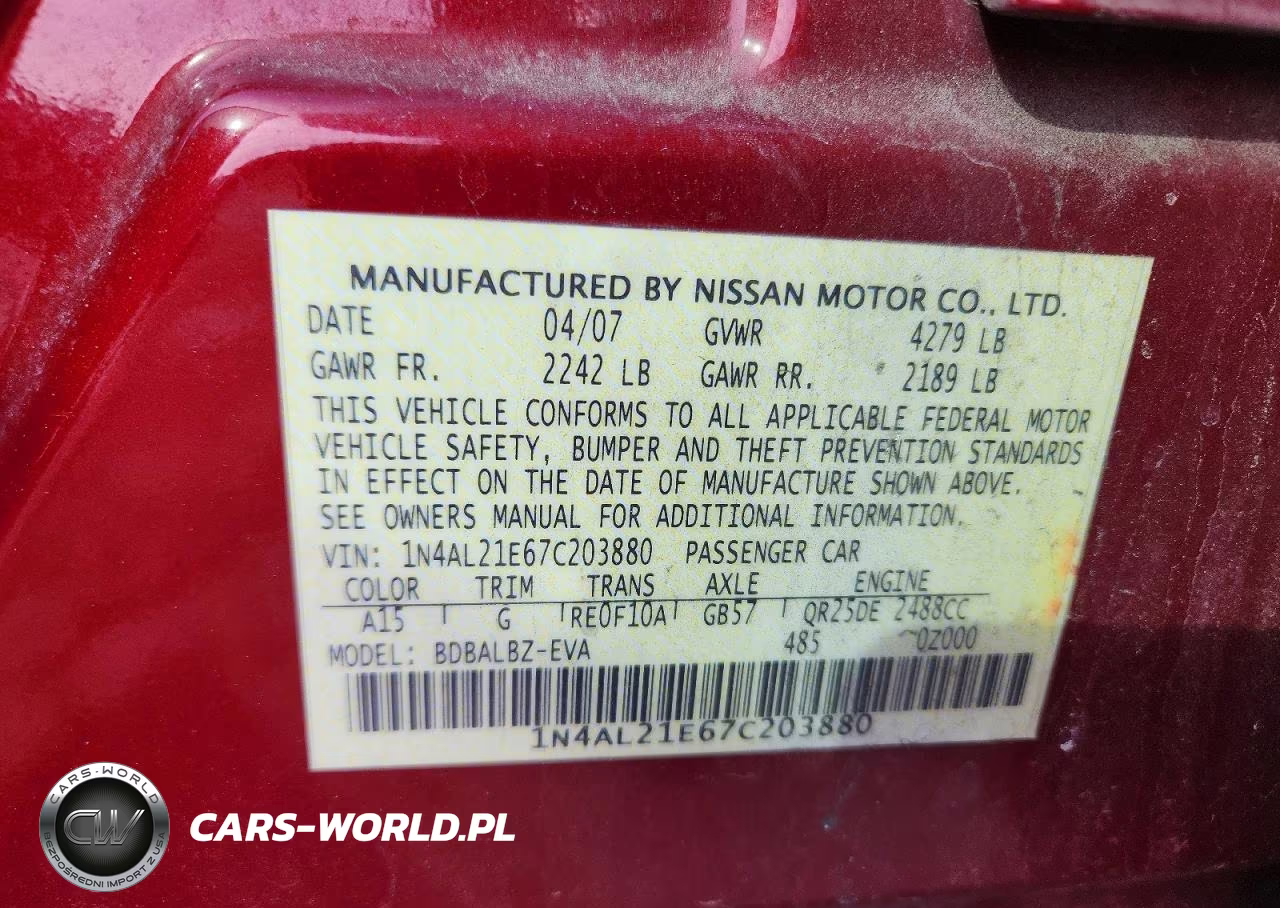 2007 Nissan Altima VIN:1N4AL21E67C203880 - 12