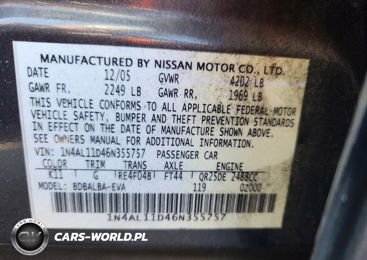 2006 Nissan Altima 2.5 VIN:1N4AL11D46N355757 - 12
