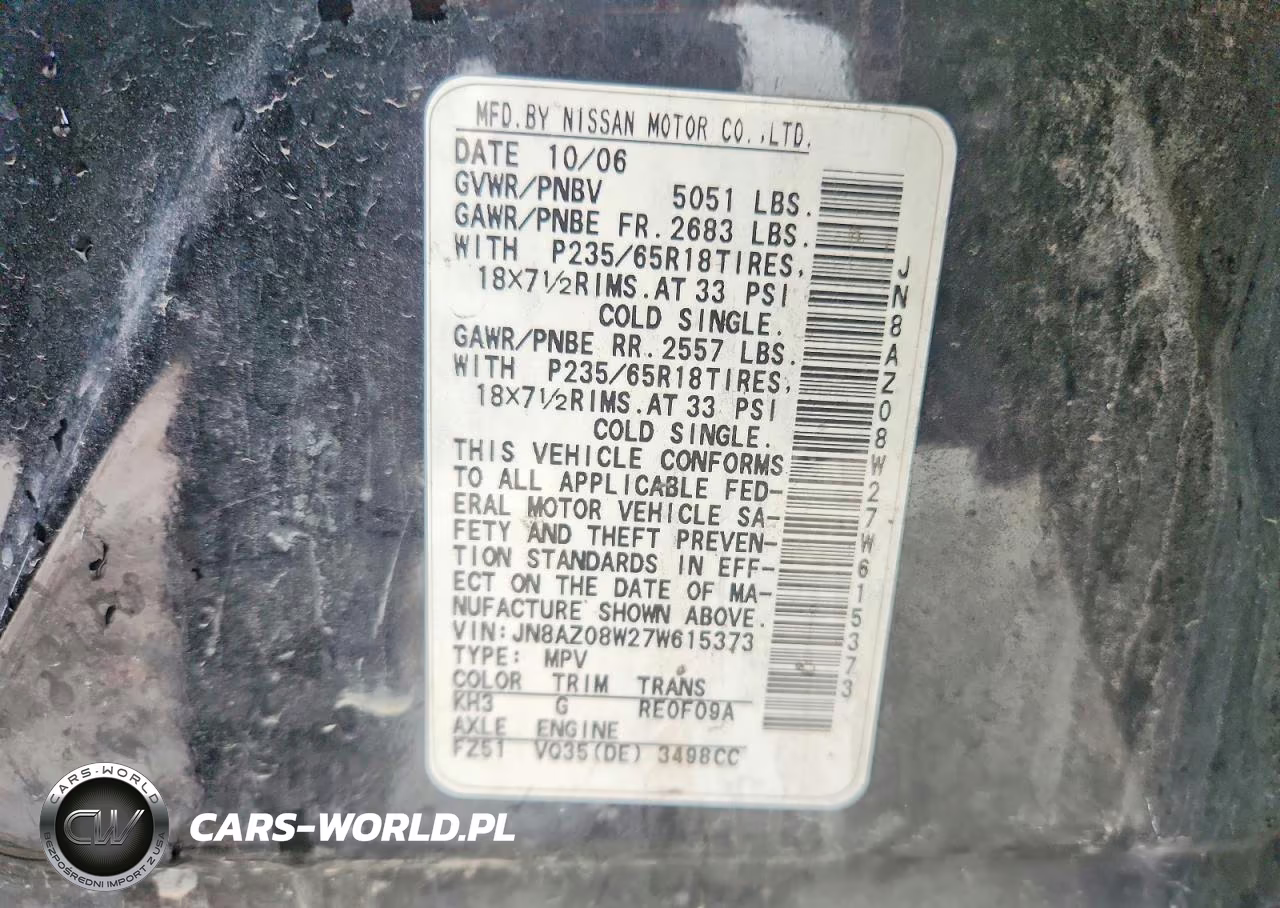 2007 Nissan Murano S VIN:JN8AZ08W27W615373 - 12