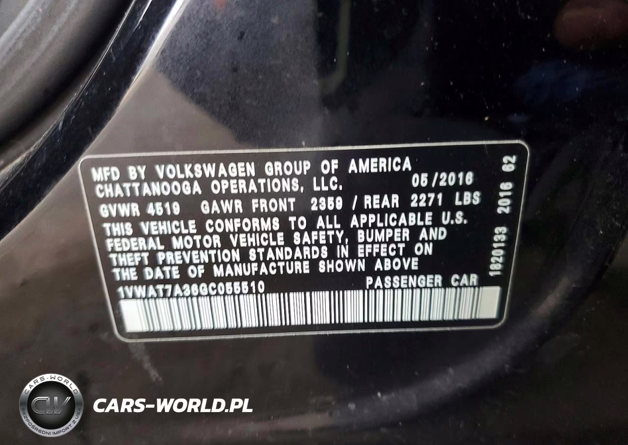 2016 Volkswagen Passat S VIN:1VWAT7A36GC055510 - 12