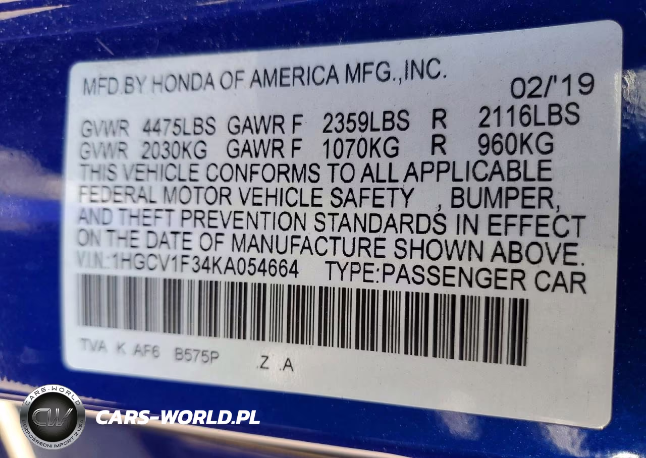 2019 Honda Accord Sport VIN:1HGCV1F34KA054664 - 12