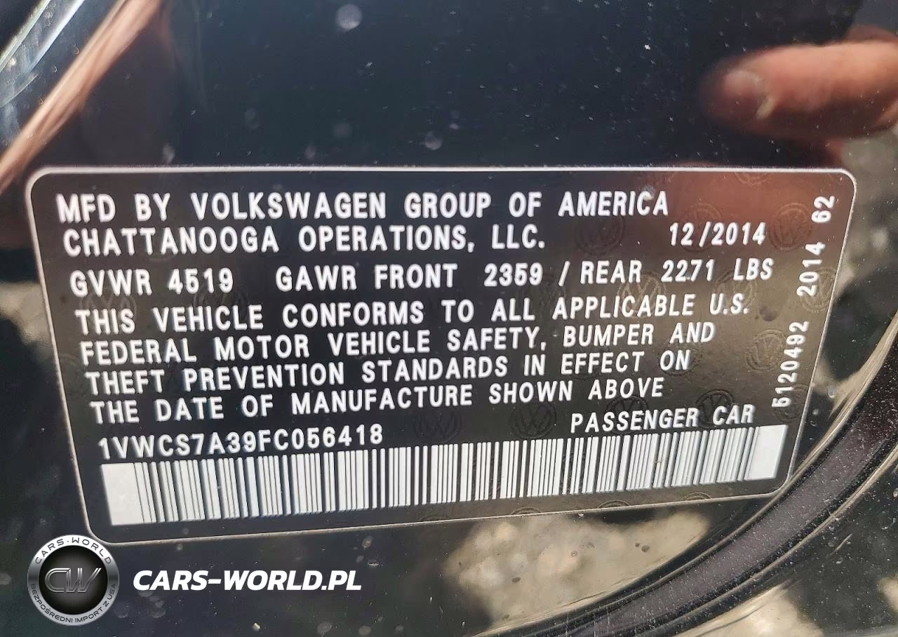 2015 Volkswagen Passat Sel VIN:1VWCS7A39FC056418 - 12