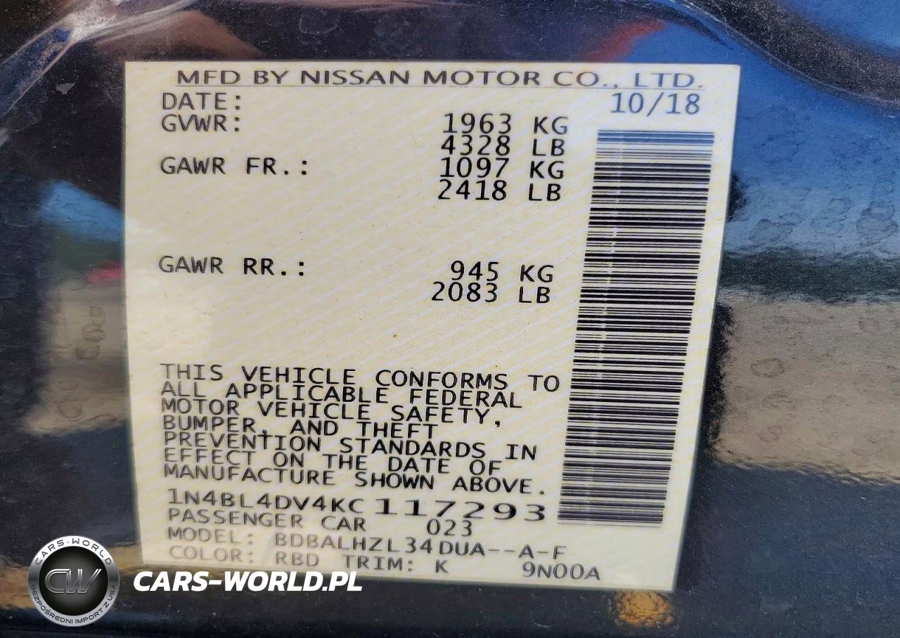 2019 Nissan Altima Sv VIN:1N4BL4DV4KC117293 - 12
