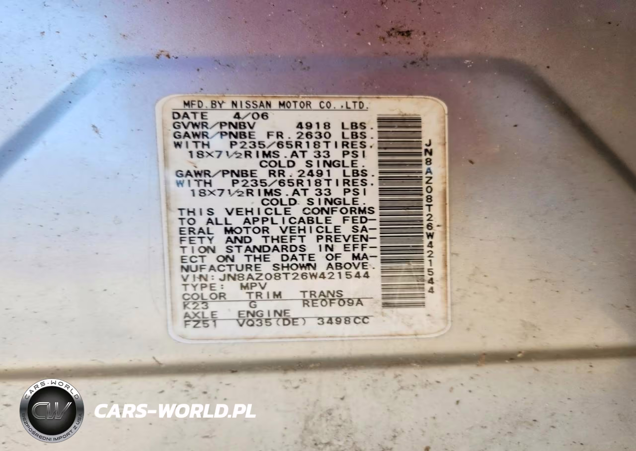 2006 Nissan Murano Sl VIN:JN8AZ08T26W421544 - 13