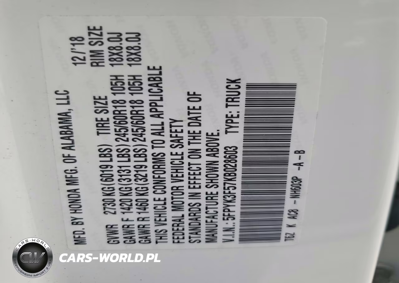 2019 Honda Ridgeline Rtl VIN:5FPYK3F57KB028603 - 12