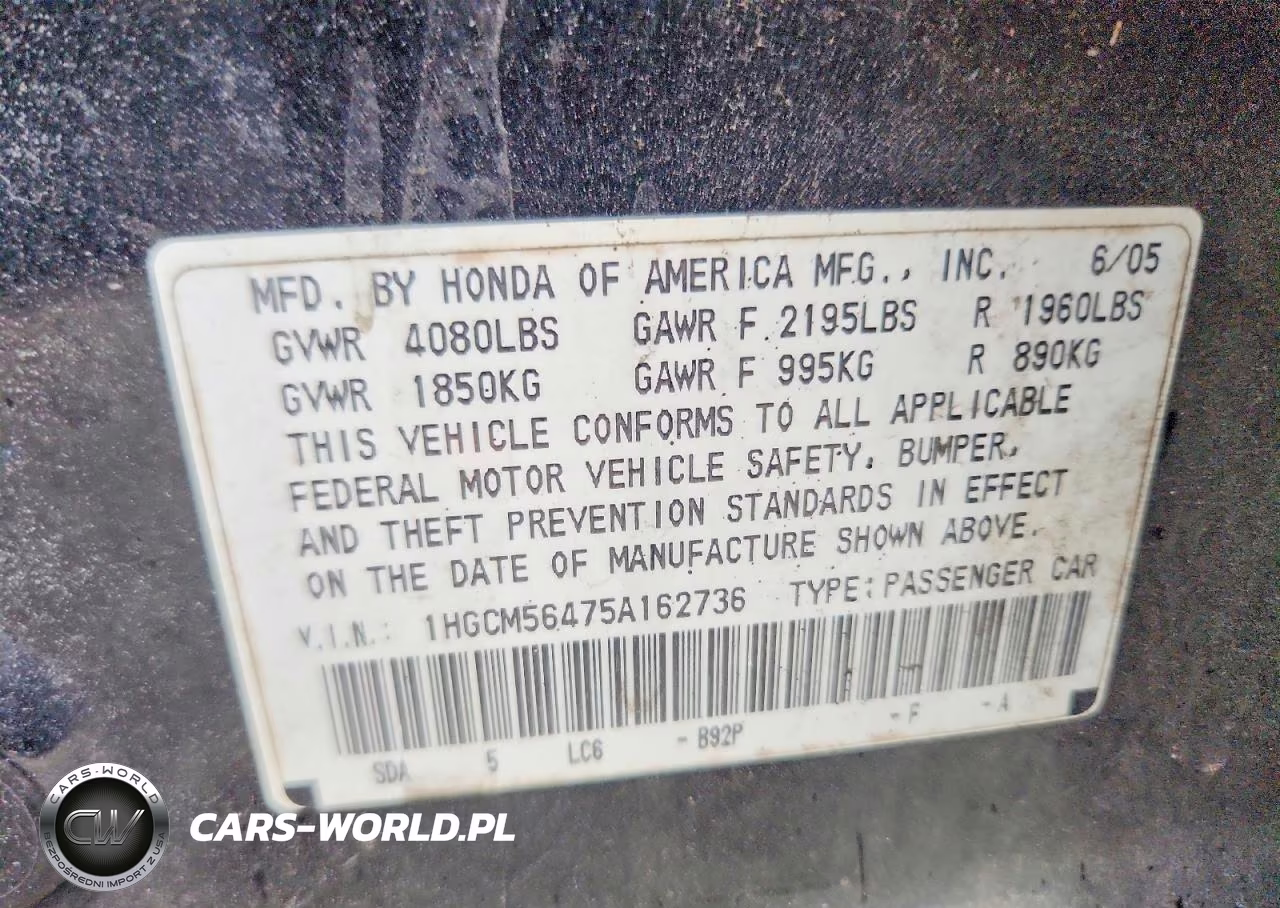 2005 Honda Accord Lx VIN:1HGCM56475A162736 - 12