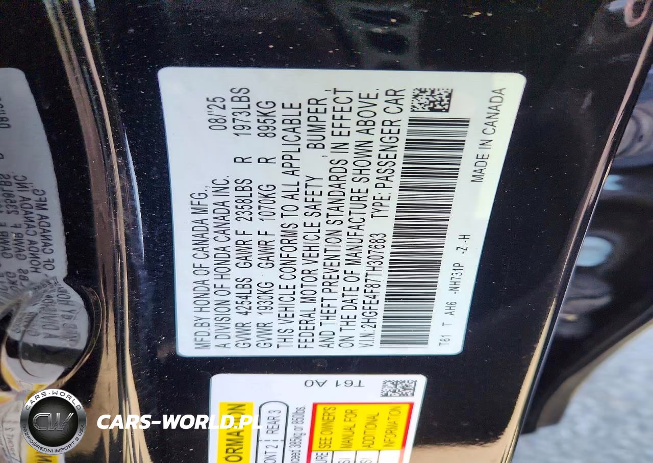 2026 Honda Civic Sport VIN:2HGFE4F87TH307683 - 12